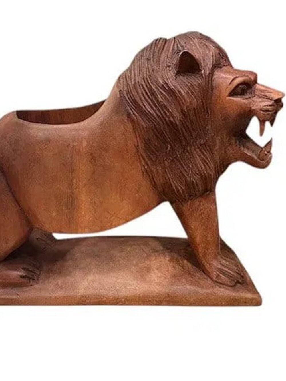 VINTAGE HAND CARVED ROSE RED WOOD WINE BOTTLE HOLDER ROARING LION FIGURE LEO LEO